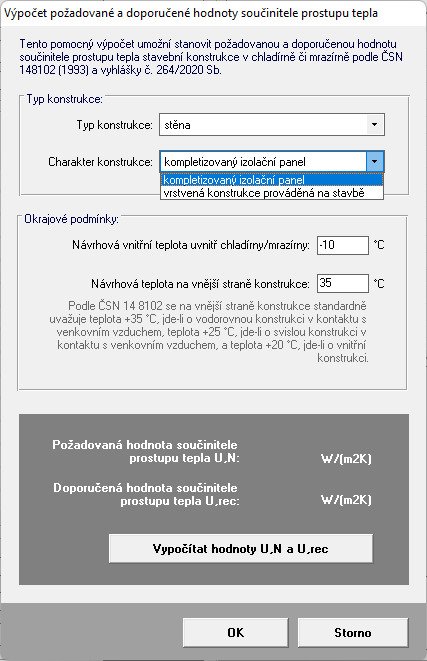 Upravený pomocný výpočet požadované hodnoty U pro mrazírny