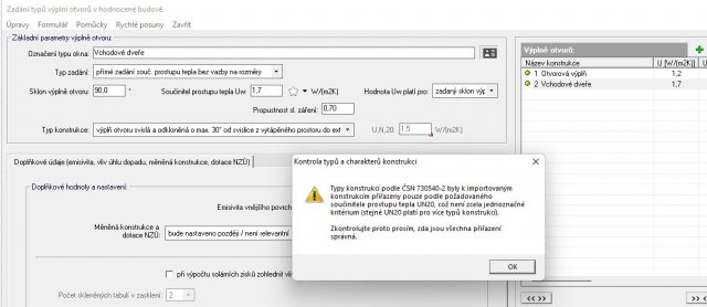Seznam typů výplní otvorů po dokončení importu