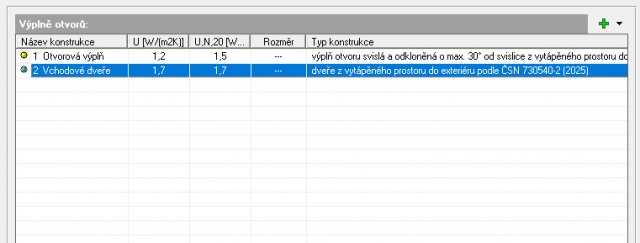 Importované typy výplní otvorů po korekci